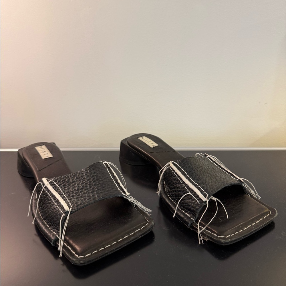Miista Black Leather Square-Toe Slides with Contrast Stitching - size 39
